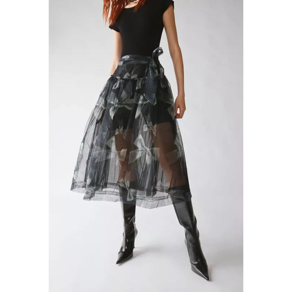 WT Urban Outfitters UO Brielle Mesh Midi Skirt Small Black Sheer Whimsigoth Bow
